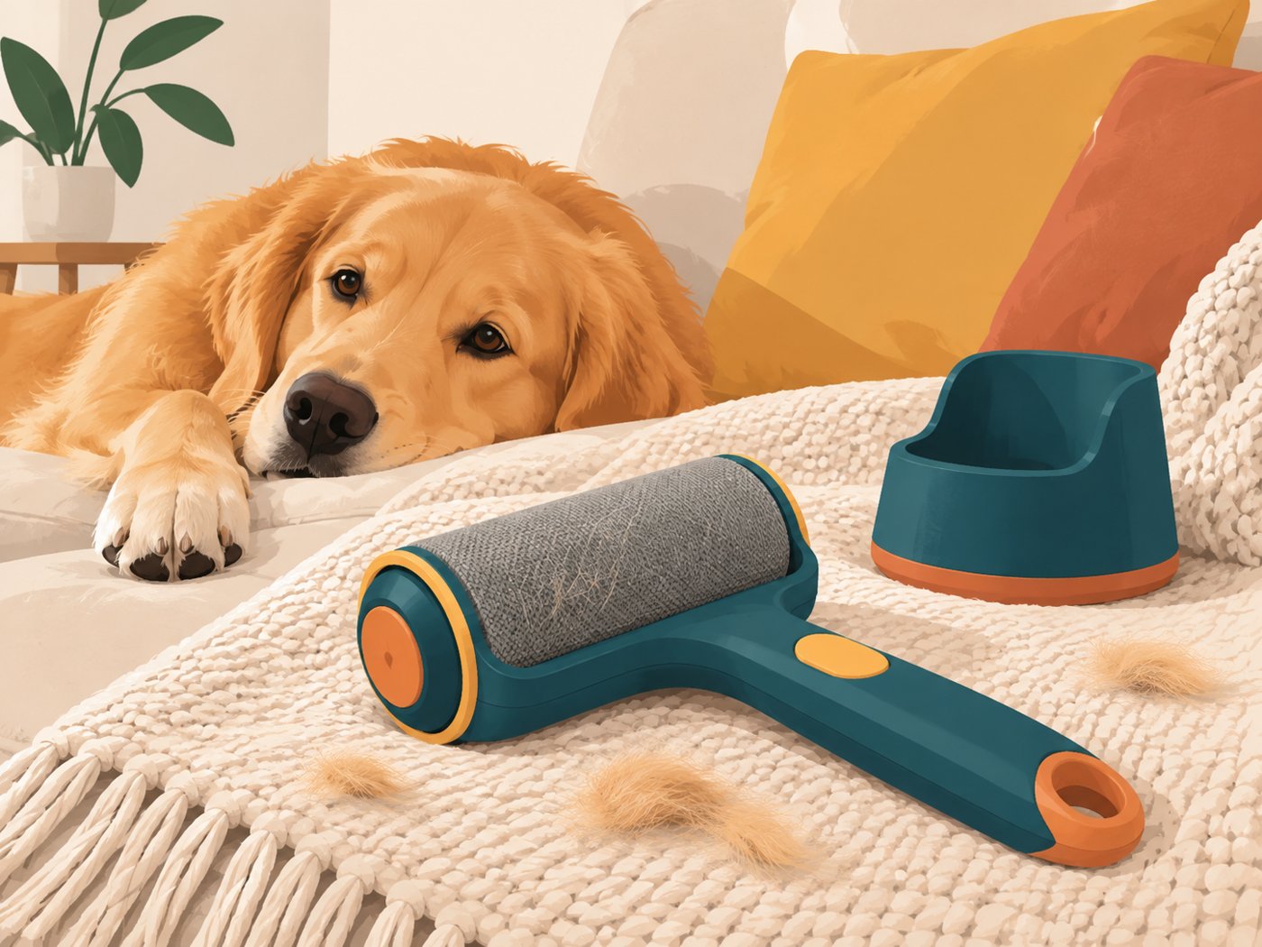 Illustration of a Nesttail pet hair roller on a cozy sofa throw